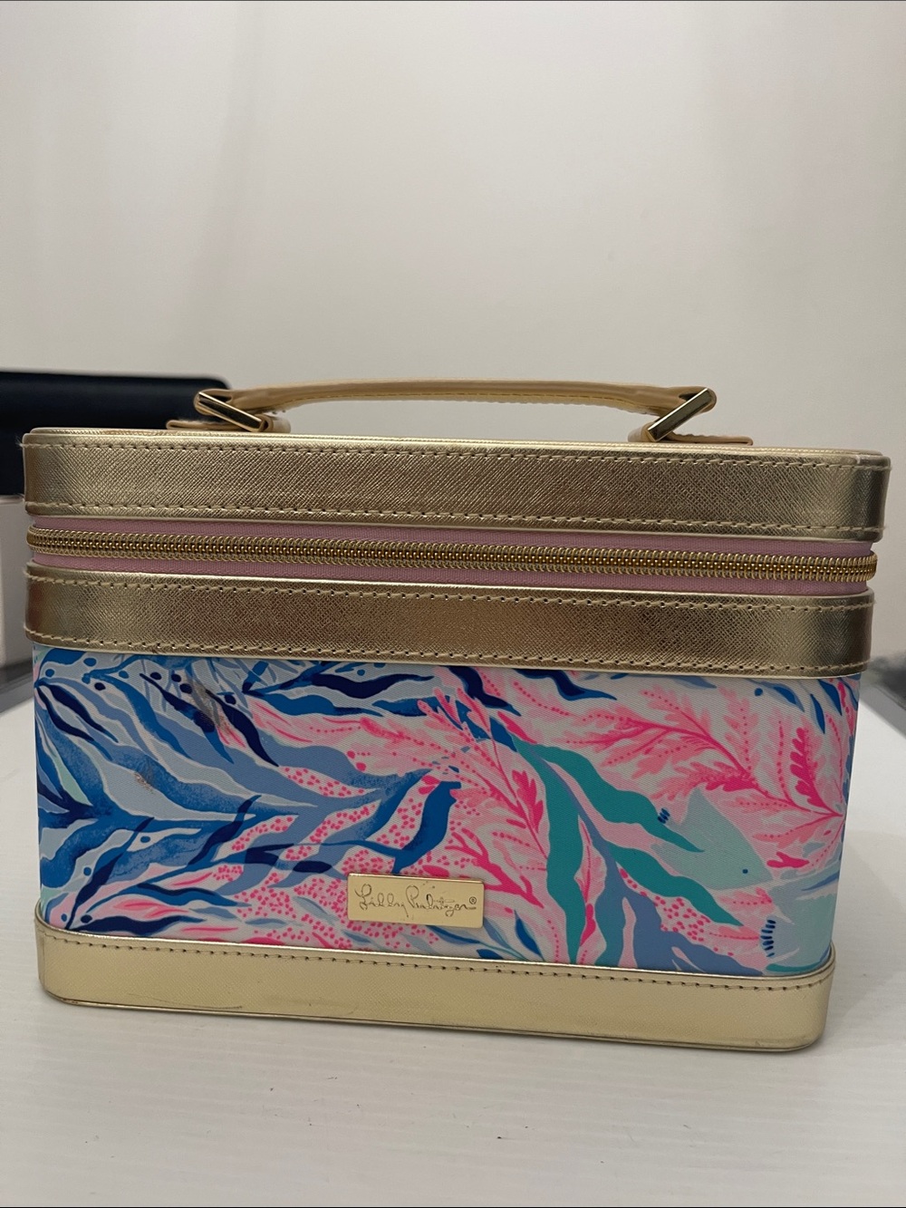 Lilly Pulitzer Gold Multi-Color Cosmetic Train Case